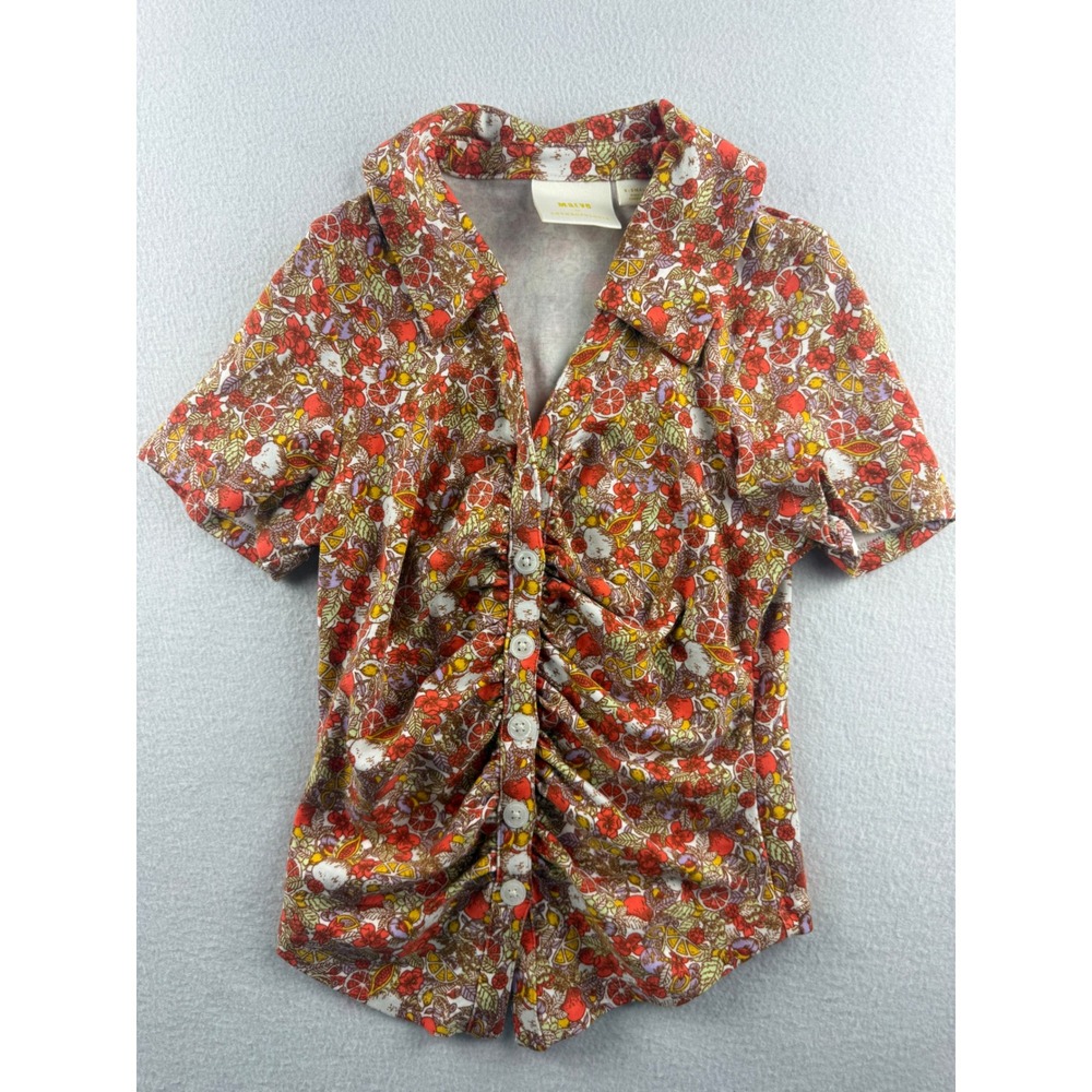 Maeve Anthropologie Fruit Botanical Print Ruched Front Button Up Top XS Rust
